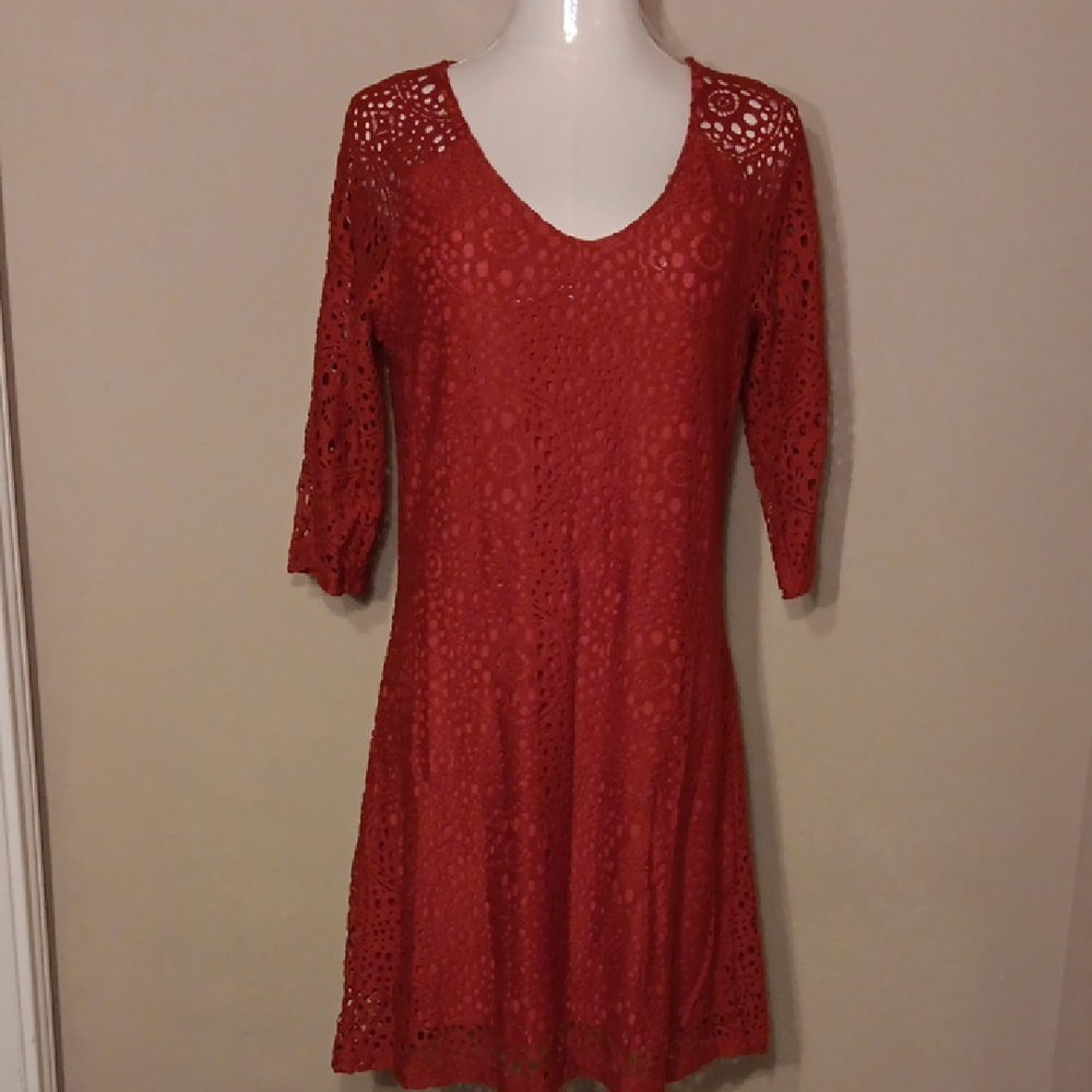 H&M Burnt Orange Crochet Lace V-Neck Shift Dress 3/4 Sleeve Size 12